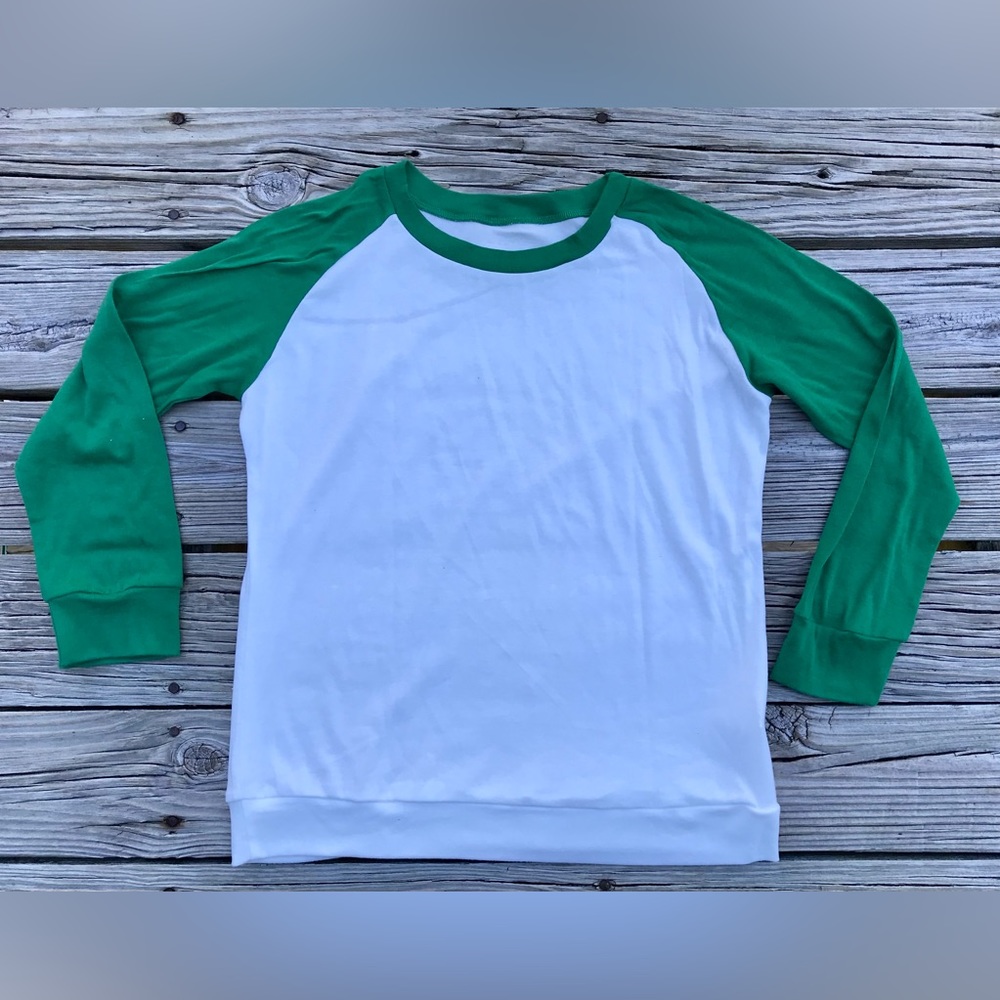 Ladies L Green White Raglan Vintage Look Team Jersey Baseball Top Knit Shirt